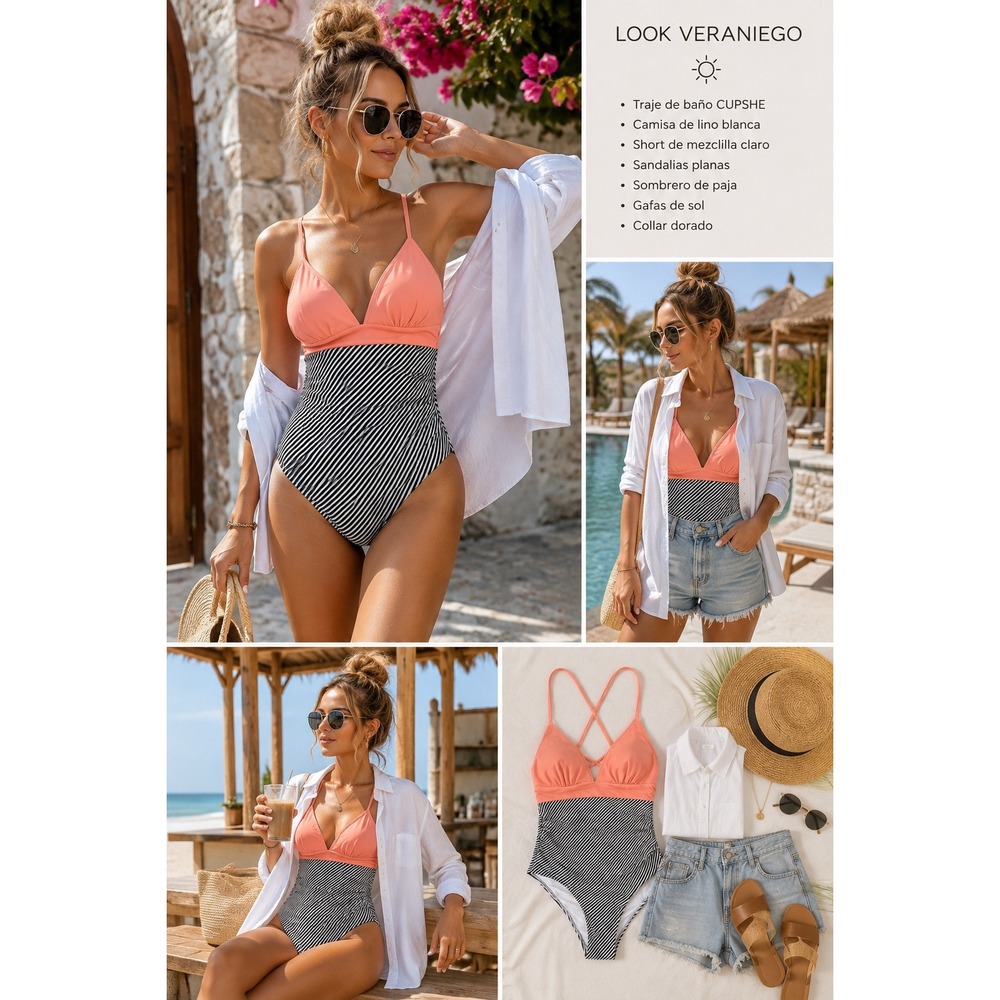 Cupshe Peach Pink and Black White Striped One Piece Swimsuit V-Neck Ruched